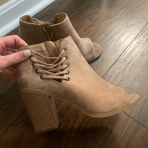 SODA Nude Suede Peep Toe Braided Booties